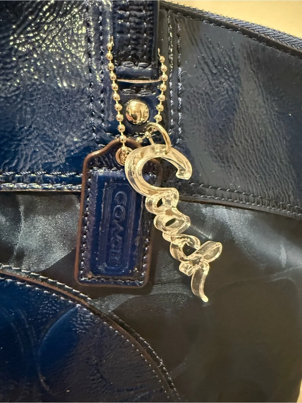 Coach Navy Patent Leather Signature Circle Tote Bag With Dustbag